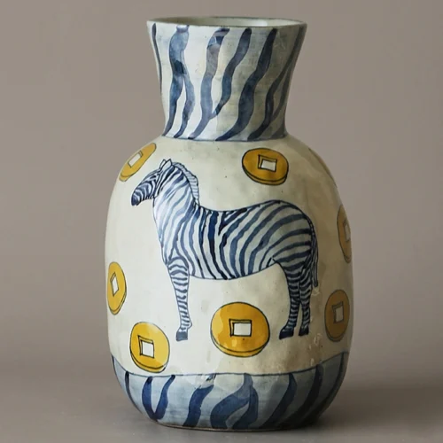 Hand-Painted "Horse & Coins" Rustic Ceramic Vase