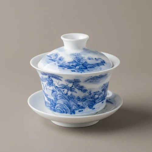 Hand-Painted Blue and White "Imperial Landscapes" Heavy-Work Horseshoe 3-piece gaiwan set