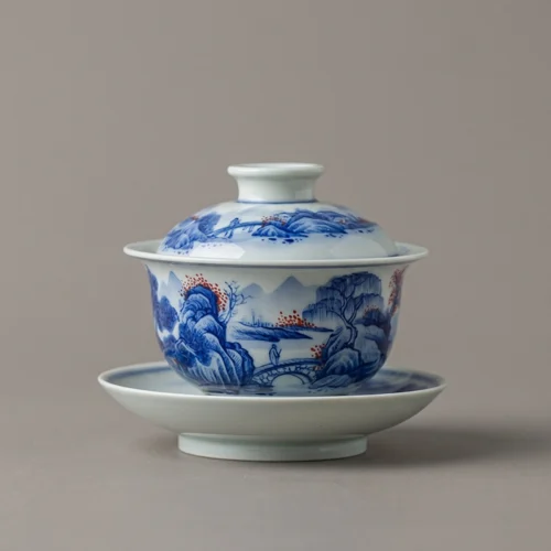 Antique Blue & White Underglaze Red "Pine & Stream" Yuanbao Gaiwan