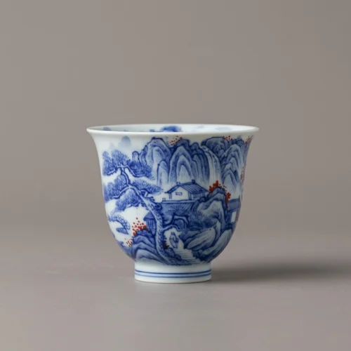 Hand-Painted Inside-Out Blue & White Landscape Tea Cup