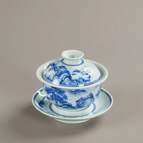 Hand-Painted Antique Blue & White "Pavilion by the Stream" Gaiwan