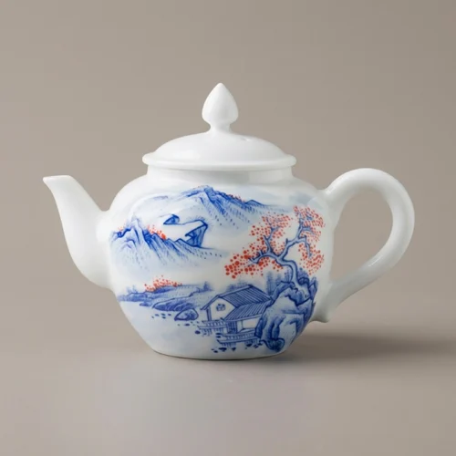 Hand-Painted Blue & White Landscape Teapot