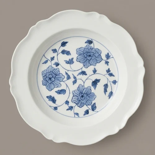 Hand-Painted Blue Flower Vine Scalloped Ceramic Plate