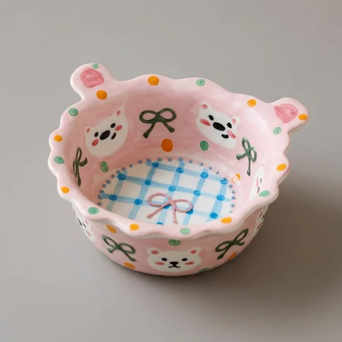 Hand-Pinched Cute Bear & Polka Dot Ceramic Bowl