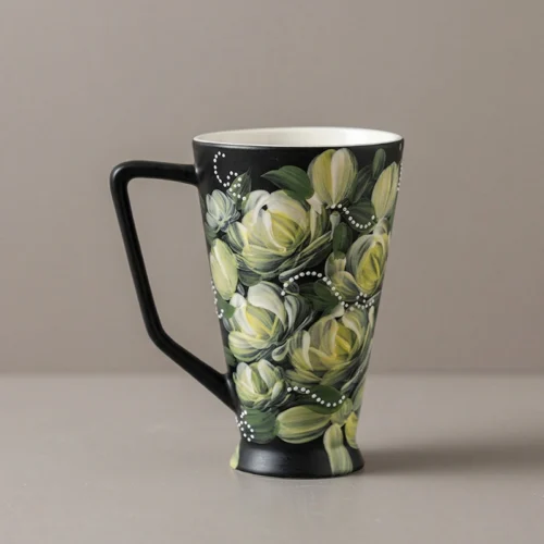 Hand-Painted Green Lotus & Wave Ceramic Tall Mug