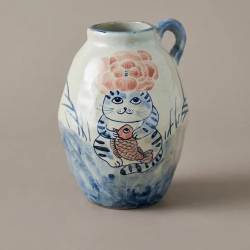 Hand-Painted Cat & Peony  Vase