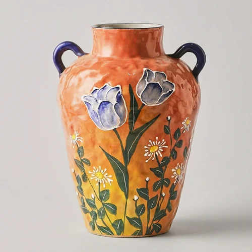 Hand-Painted Daisy & Tulip Two-Handle Ceramic Vase