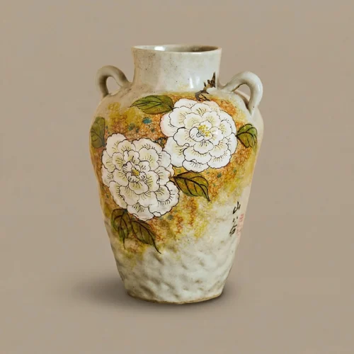 Hand-Painted White Peony Hand-Pinched Two-Handle Vase
