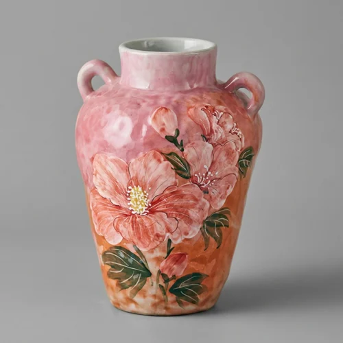 Hand-Painted Hibiscus Two-Handle Ceramic Vase