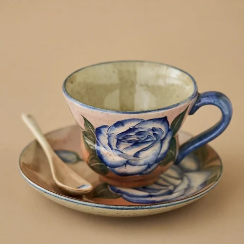 Blush Blue Rose Hand-Painted Cup & Saucer Set