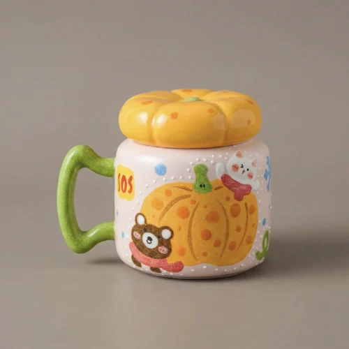 Hand-Painted "Pumpkin Bear" Cute Mug (with Lid)