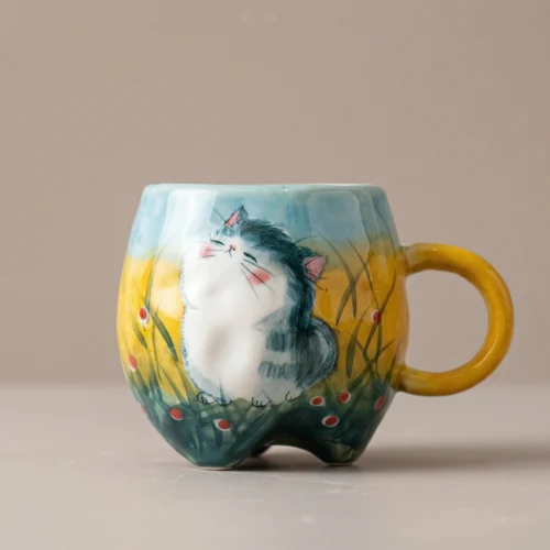 Skyward Cat Meadow Hand-Painted Tripod Mug