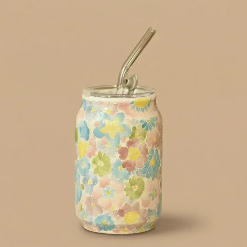 Blooming Bouquet Hand-Painted Soda Can Tumbler with Straw