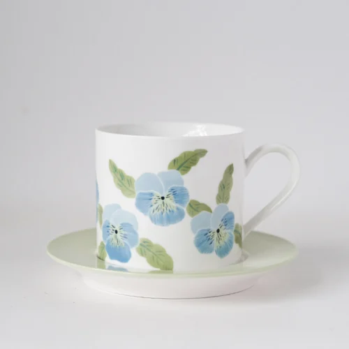 Blue Pansy Hand-Painted High-Fire Underglaze Cup & Saucer