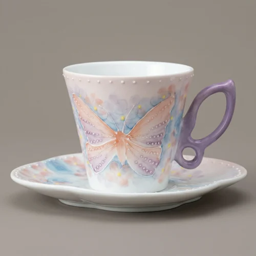Rainbow Butterfly Hand-Painted High-Fire Underglaze Cup & Saucer Set