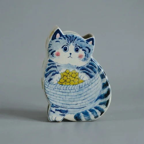 Hand-Painted Blue and White Cat Ceramic Vase