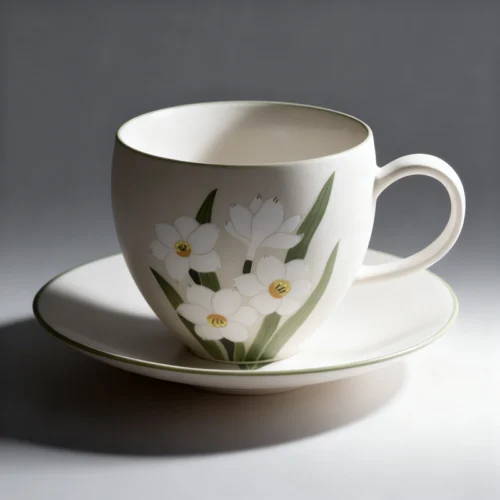 Snowdrop Narcissus Hand-Painted High-Fire Underglaze Cup & Saucer