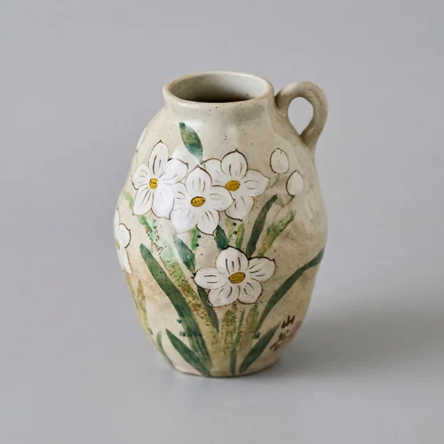 Hand-Painted Narcissus Single-Handle Stoneware Vase