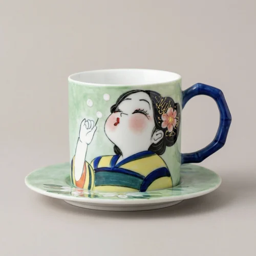 Bubble Girl Hand-Painted High-Fire Underglaze Cup & Saucer Set
