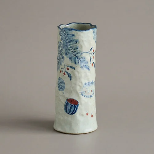 Hand-Painted Cat & Watermelon Blue and White Ceramic Vase
