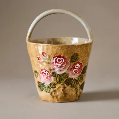 Hand-Painted Underglaze Rose Basket Ceramic Vase