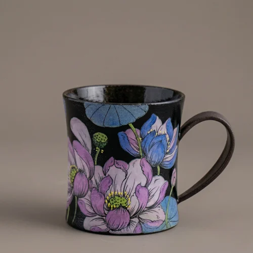 Hand-Painted Black & Purple Lotus High-Fire Under-Glaze Ceramic Coffee Cup