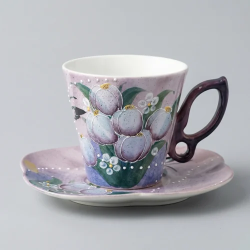 Purple Tulip Breeze Hand-Painted High-Fire Underglaze Cup & Saucer Set