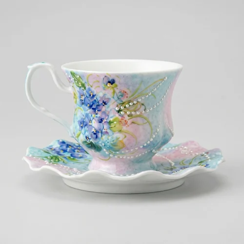 Butterfly & Hydrangea Hand-Painted High-Fire Underglaze Curved Waist Cup & Saucer Set