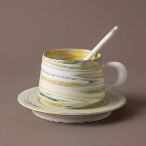 Hand-Painted  Marbled Green Swirl Cup & Sauce