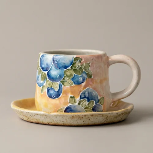 Blueberry Orchard Hand-Painted High-Fire Underglaze Cup & Saucer Set