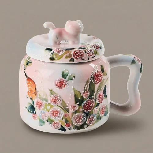 Hand-Painted Rose Garden Cat Lid Straw Mug