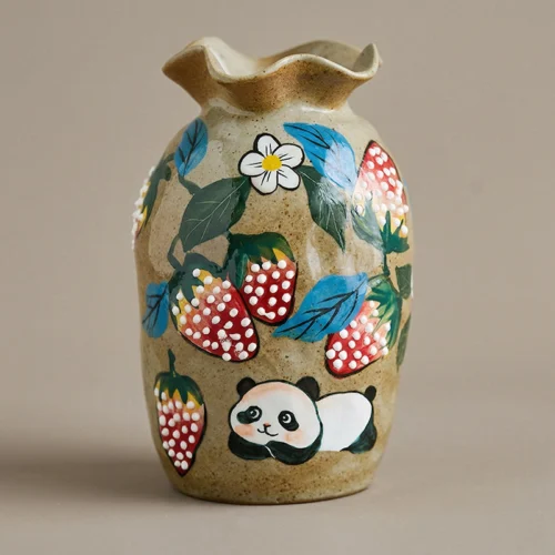 Hand-Painted Strawberry & Panda Ceramic Vase