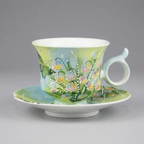 Rainbow Lily of the Valley Hand-Painted High-Fire Underglaze Cup & Saucer Set