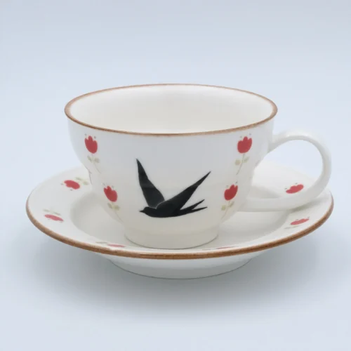 Spring Swallow & Tulip Hand-Painted High-Fire Underglaze Cup & Saucer