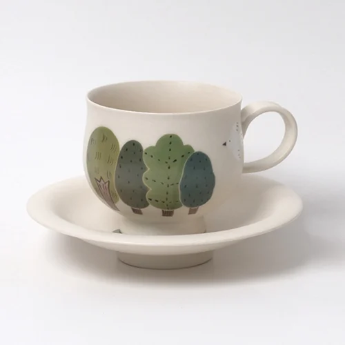 Forest Birds Hand-Painted High-Fire Underglaze Cup & Saucer