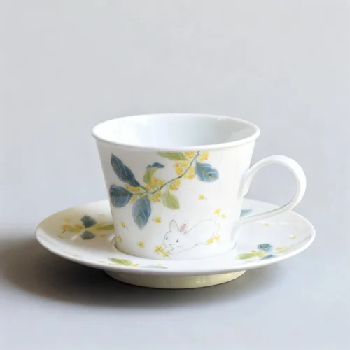 Moonlit Osmanthus & Celestial Rabbit Hand-Painted Underglaze Coffee Cup & Saucer Set