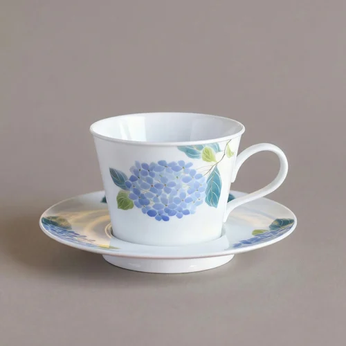 Blue Hydrangea Hand-Painted Underglaze Coffee Cup & Saucer Set