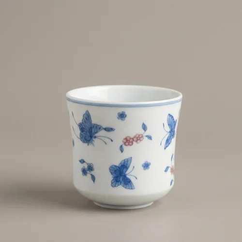 Butterfly Loves Flower Hand-Painted Blue-and-White Copper-Red Coffee Cup