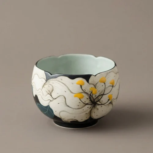 Midnight Lily Hand-Painted High-Fire Underglaze Petal-Rim Coffee Cup
