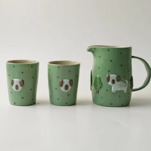Forest Puppy Hand-Pinched Underglaze Pitcher & Cup Set (3pcs)