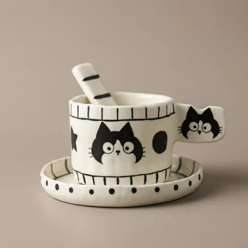 Hand-Pinched Black & White Cat 3-Piece Set