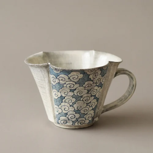 Blue-Gray Ginkgo Scalloped Hand-Painted Coffee Cup