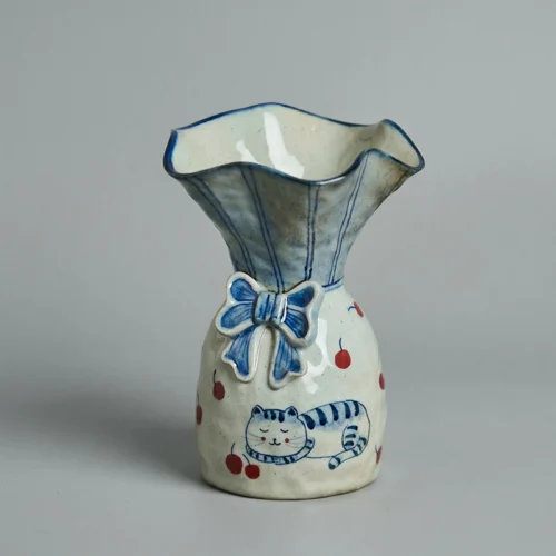 Hand-Painted "Kitty & Bow" Rustic Ceramic Vase