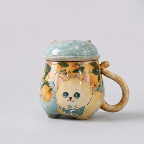 Tangerine Cat & Kumquat Hand-Painted Lidded Mug