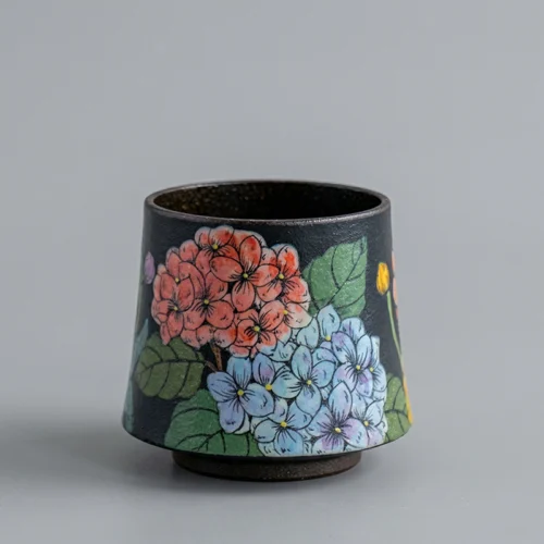 Hand-Painted Black Hydrangea High-Fire Under-Glaze Purple Clay Coffee Cup