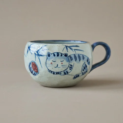 Hand-Painted Blue & White Cat Pinch Mug
