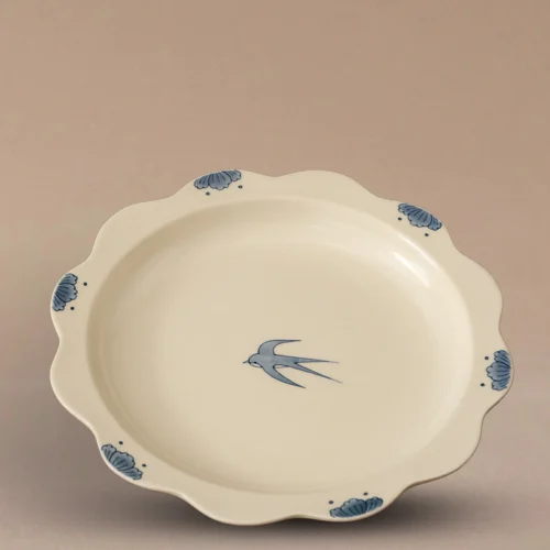 Hand-Painted Swallow Scalloped Ceramic Plate