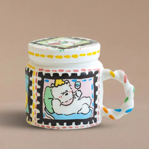 Hand-Painted Lazy Bear Stamp Ceramic Mug with Lid