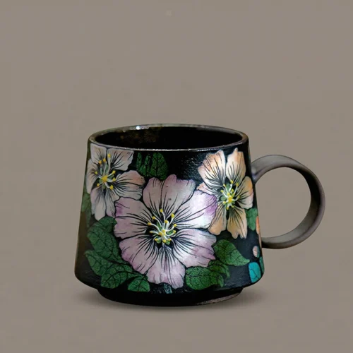 Hand-Painted Black & Purple Crape Myrtle High-Fire Under-Glaze Purple Clay Coffee Cup