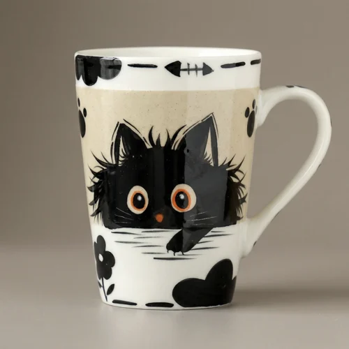 Hand-Painted Fluffy Black Cat Cup